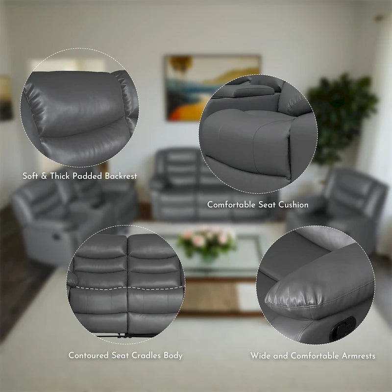Faux Leather Manual Reclining Livingroom Sofa with Dropdown Table and Console