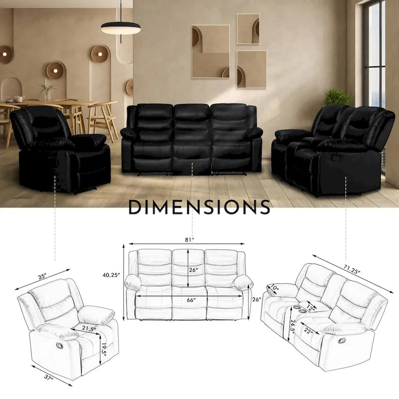 Faux Leather Manual Reclining Livingroom Sofa with Dropdown Table and Console