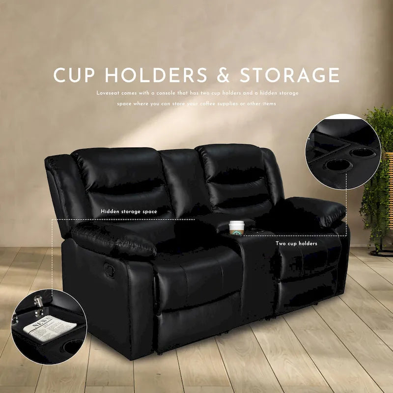 Faux Leather Manual Reclining Livingroom Sofa with Dropdown Table and Console