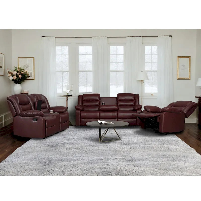 Faux Leather Manual Reclining Livingroom Sofa with Dropdown Table and Console