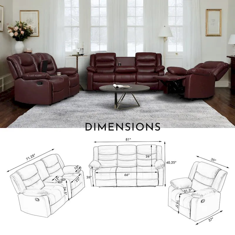 Faux Leather Manual Reclining Livingroom Sofa with Dropdown Table and Console