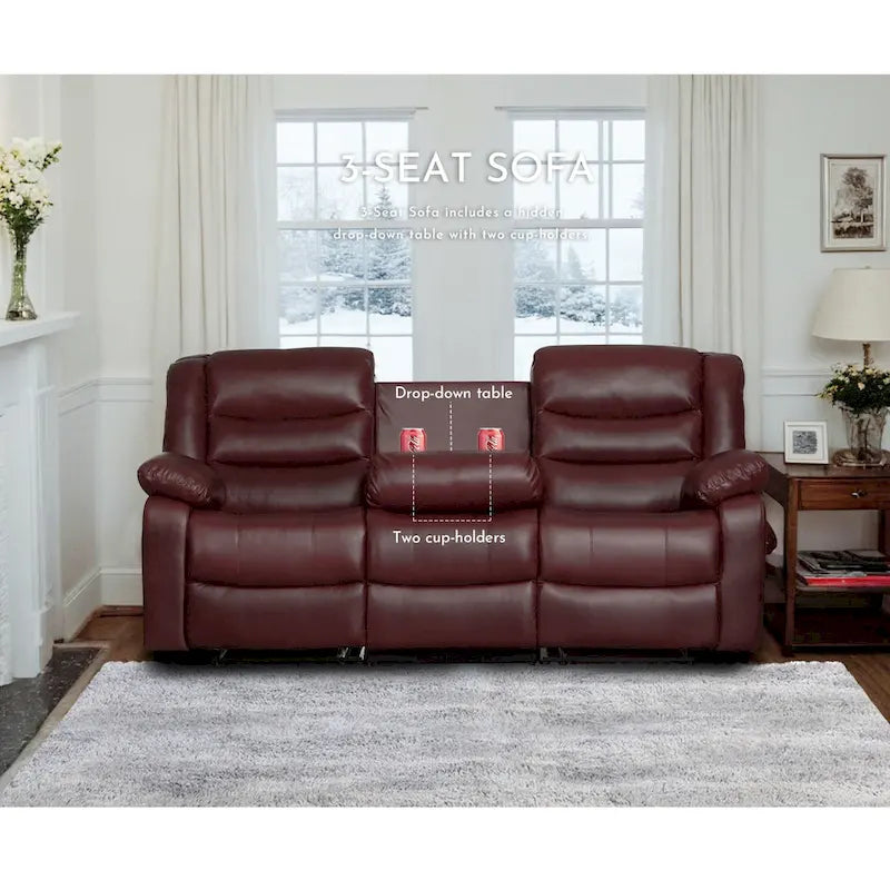 Faux Leather Manual Reclining Livingroom Sofa with Dropdown Table and Console