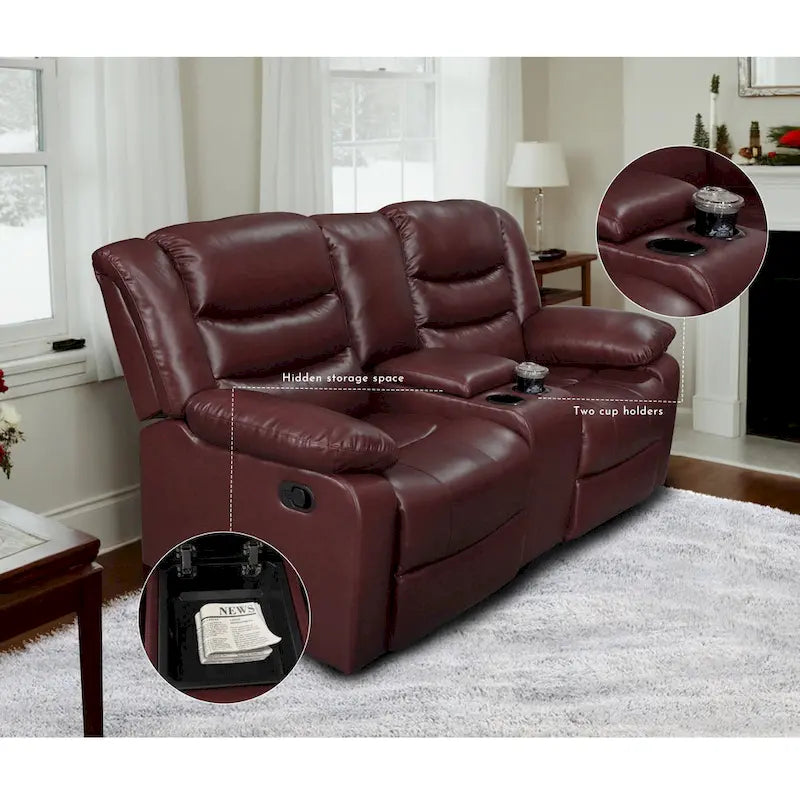 Faux Leather Manual Reclining Livingroom Sofa with Dropdown Table and Console