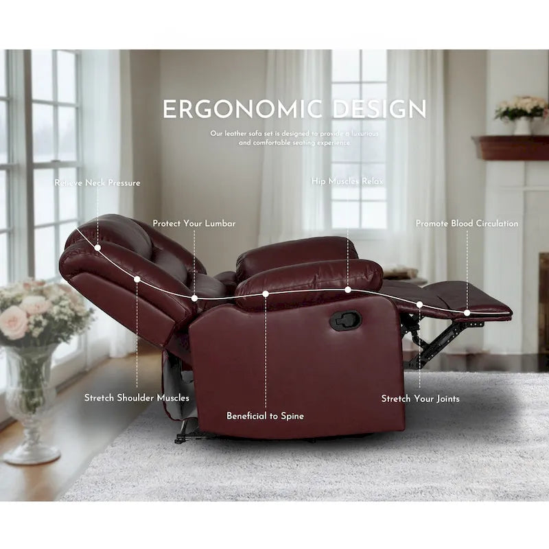 Faux Leather Manual Reclining Livingroom Sofa with Dropdown Table and Console