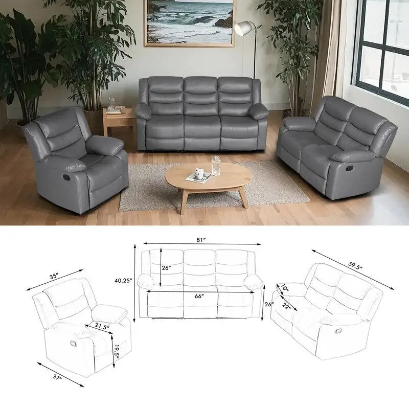 Faux Leather Manual Reclining Livingroom Sofa with Dropdown Table and Console