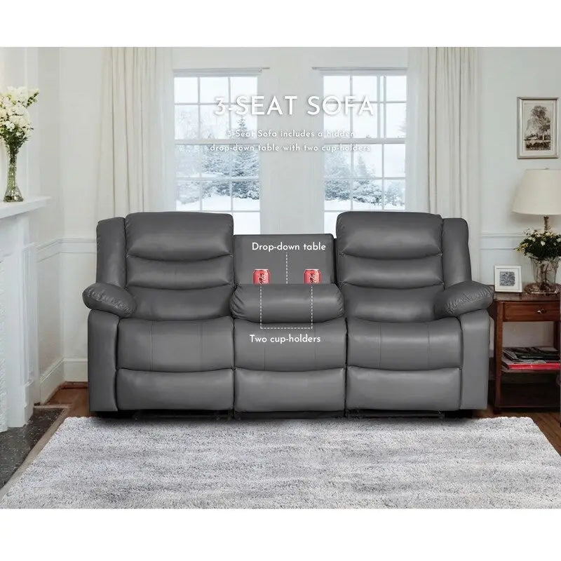 Faux Leather Manual Reclining Livingroom Sofa with Dropdown Table and Console