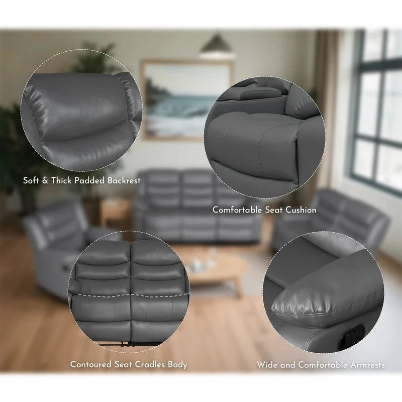 Faux Leather Manual Reclining Livingroom Sofa with Dropdown Table and Console