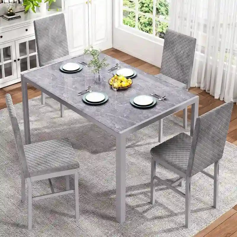 Modern Style 5-Piece Dining Room Table Set with Tempered Glass Tabletop and 4 Diamond Stitching PU Leather Dining Chairs
