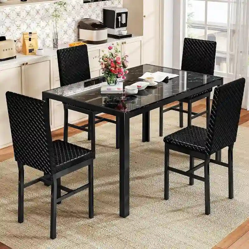 Modern Style 5-Piece Dining Room Table Set with Tempered Glass Tabletop and 4 Diamond Stitching PU Leather Dining Chairs