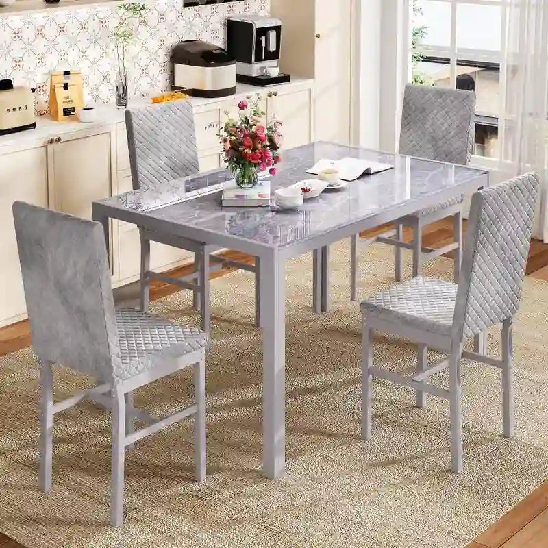 Modern Style 5-Piece Dining Room Table Set with Tempered Glass Tabletop and 4 Diamond Stitching PU Leather Dining Chairs
