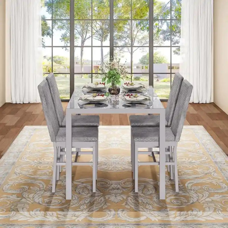 Modern Style 5-Piece Dining Room Table Set with Tempered Glass Tabletop and 4 Diamond Stitching PU Leather Dining Chairs