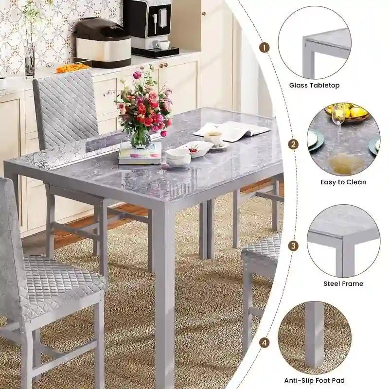 Modern Style 5-Piece Dining Room Table Set with Tempered Glass Tabletop and 4 Diamond Stitching PU Leather Dining Chairs