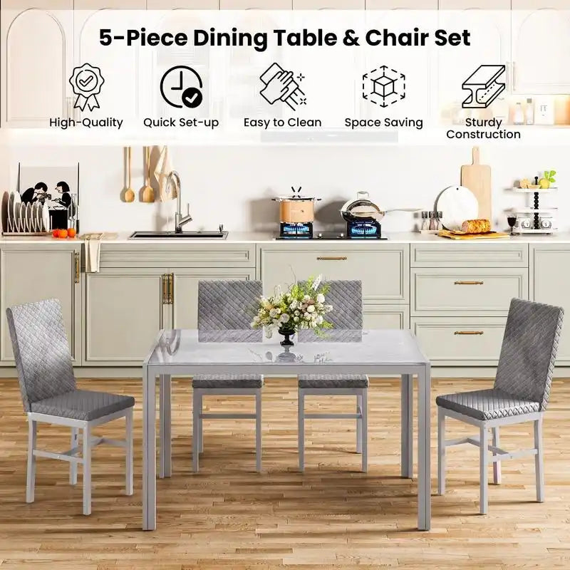 Modern Style 5-Piece Dining Room Table Set with Tempered Glass Tabletop and 4 Diamond Stitching PU Leather Dining Chairs