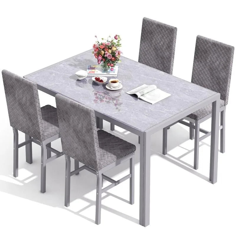 Modern Style 5-Piece Dining Room Table Set with Tempered Glass Tabletop and 4 Diamond Stitching PU Leather Dining Chairs