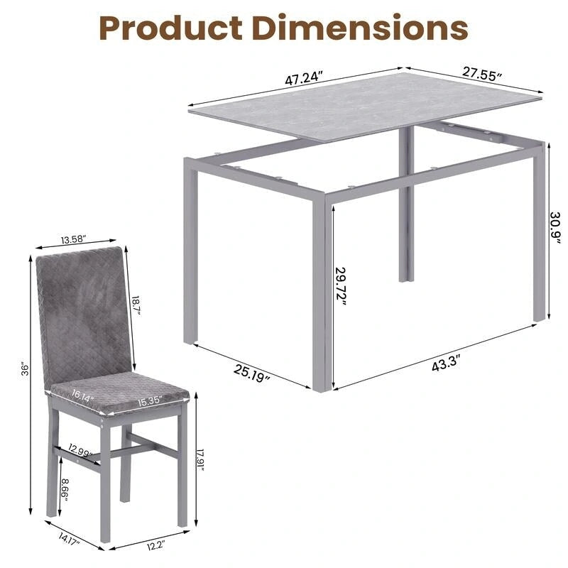 Modern Style 5-Piece Dining Room Table Set with Tempered Glass Tabletop and 4 Diamond Stitching PU Leather Dining Chairs
