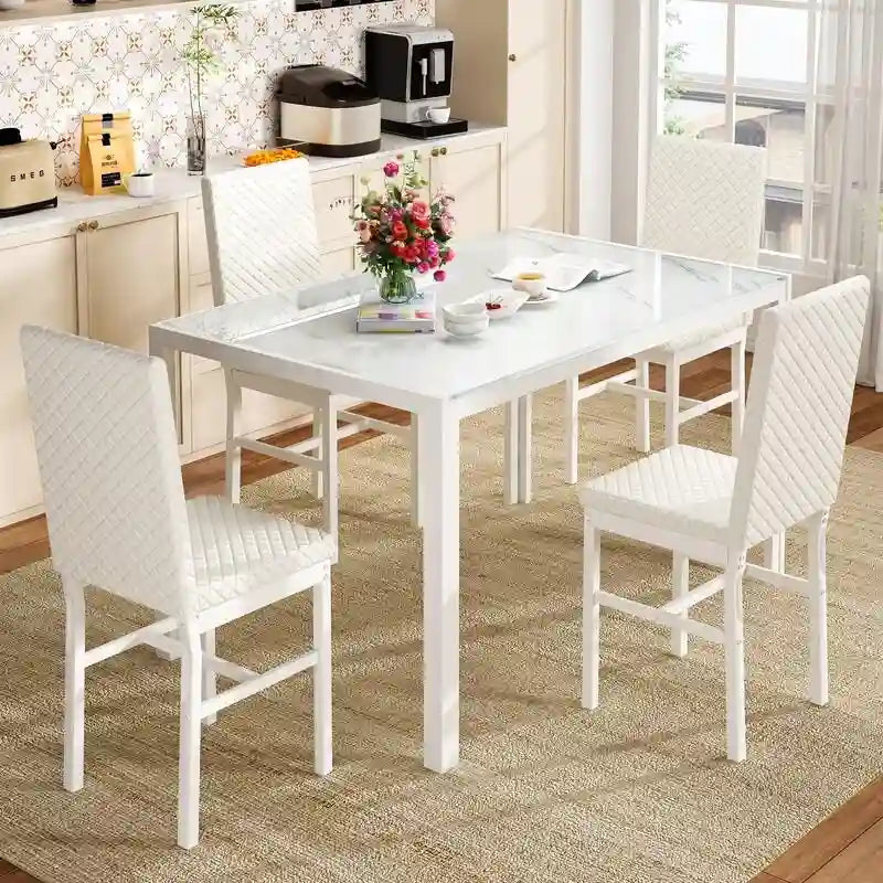 Modern Style 5-Piece Dining Room Table Set with Tempered Glass Tabletop and 4 Diamond Stitching PU Leather Dining Chairs