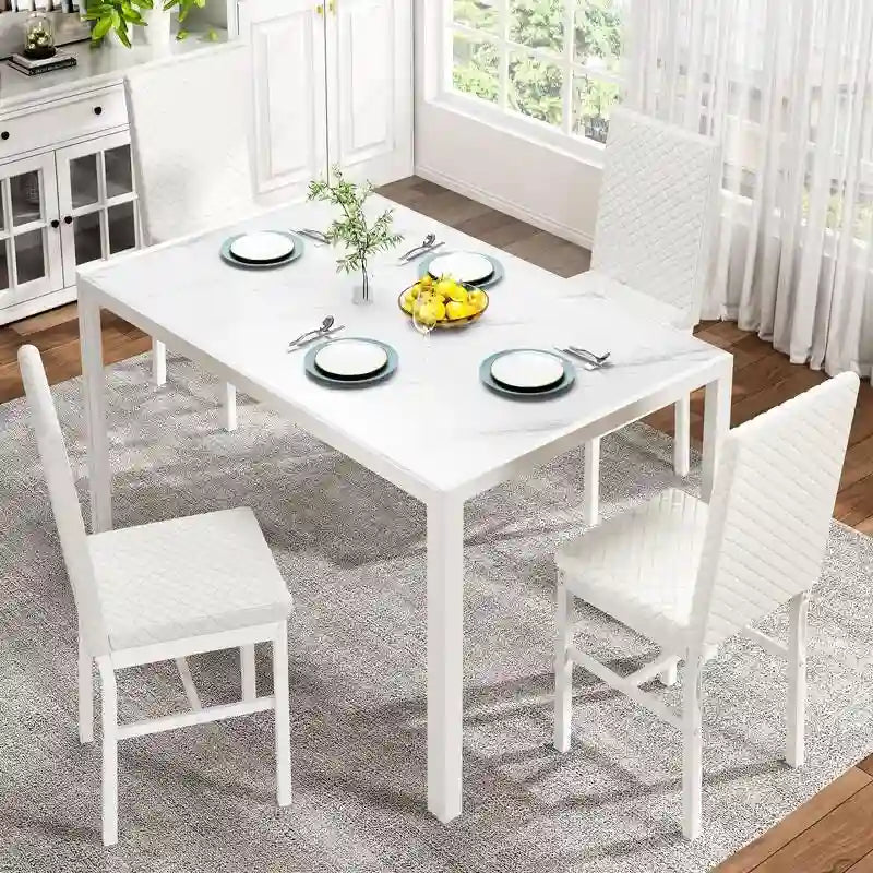 Modern Style 5-Piece Dining Room Table Set with Tempered Glass Tabletop and 4 Diamond Stitching PU Leather Dining Chairs