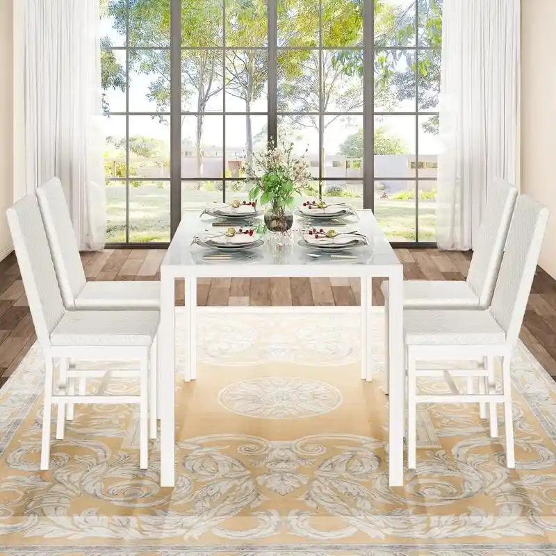 Modern Style 5-Piece Dining Room Table Set with Tempered Glass Tabletop and 4 Diamond Stitching PU Leather Dining Chairs