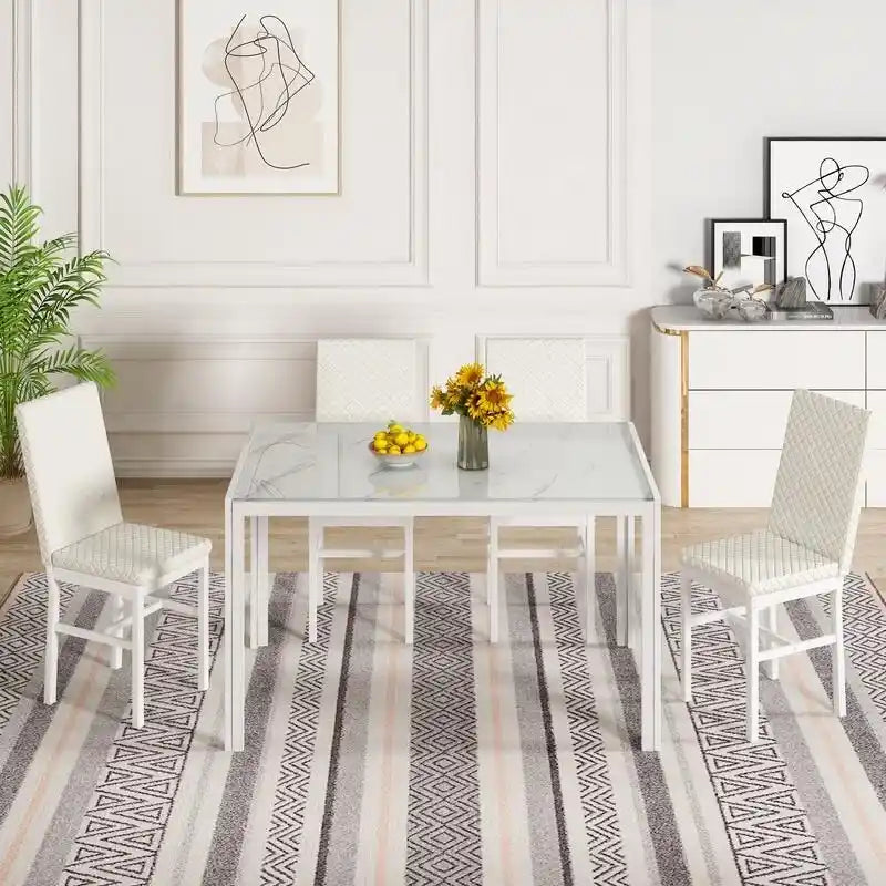 Modern Style 5-Piece Dining Room Table Set with Tempered Glass Tabletop and 4 Diamond Stitching PU Leather Dining Chairs