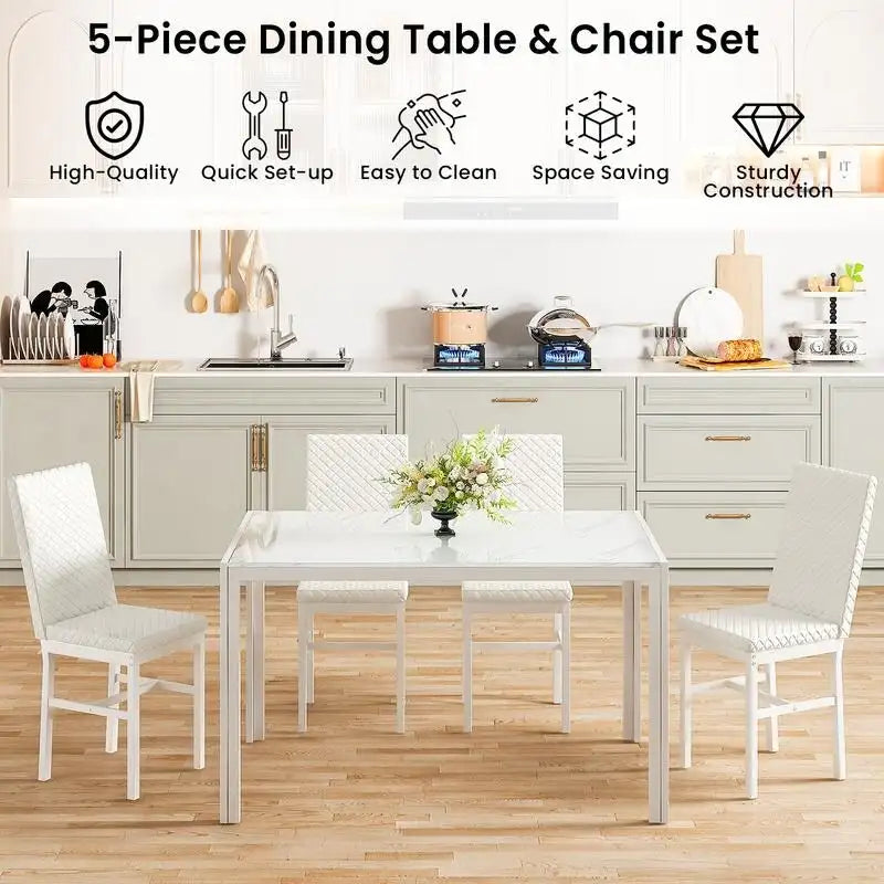 Modern Style 5-Piece Dining Room Table Set with Tempered Glass Tabletop and 4 Diamond Stitching PU Leather Dining Chairs