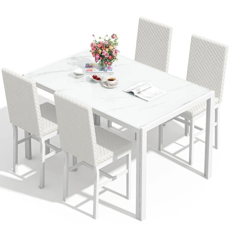 Modern Style 5-Piece Dining Room Table Set with Tempered Glass Tabletop and 4 Diamond Stitching PU Leather Dining Chairs