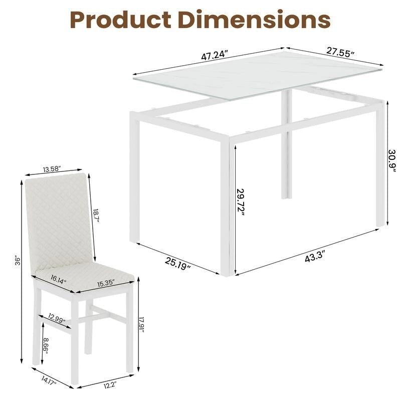 Modern Style 5-Piece Dining Room Table Set with Tempered Glass Tabletop and 4 Diamond Stitching PU Leather Dining Chairs