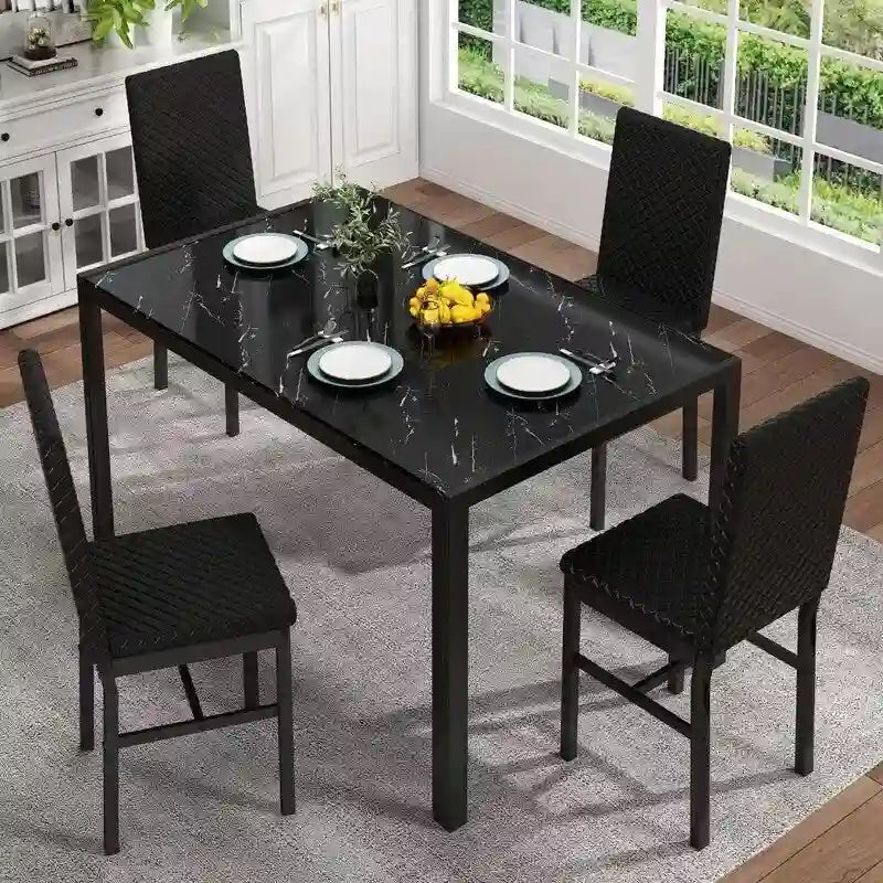 Modern Style 5-Piece Dining Room Table Set with Tempered Glass Tabletop and 4 Diamond Stitching PU Leather Dining Chairs