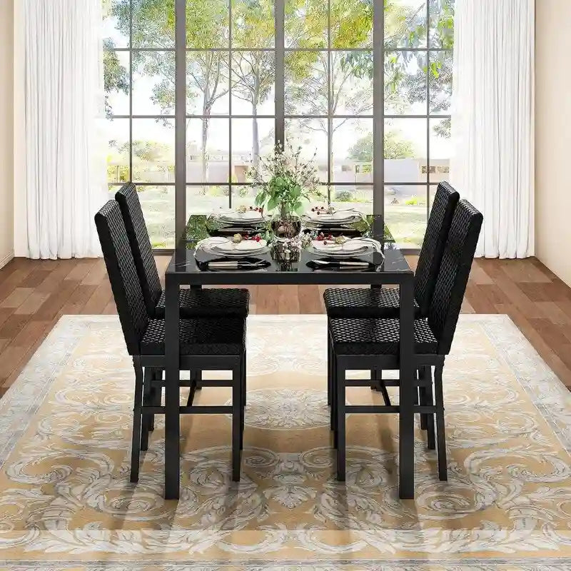 Modern Style 5-Piece Dining Room Table Set with Tempered Glass Tabletop and 4 Diamond Stitching PU Leather Dining Chairs