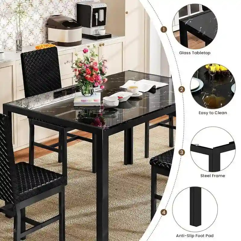 Modern Style 5-Piece Dining Room Table Set with Tempered Glass Tabletop and 4 Diamond Stitching PU Leather Dining Chairs