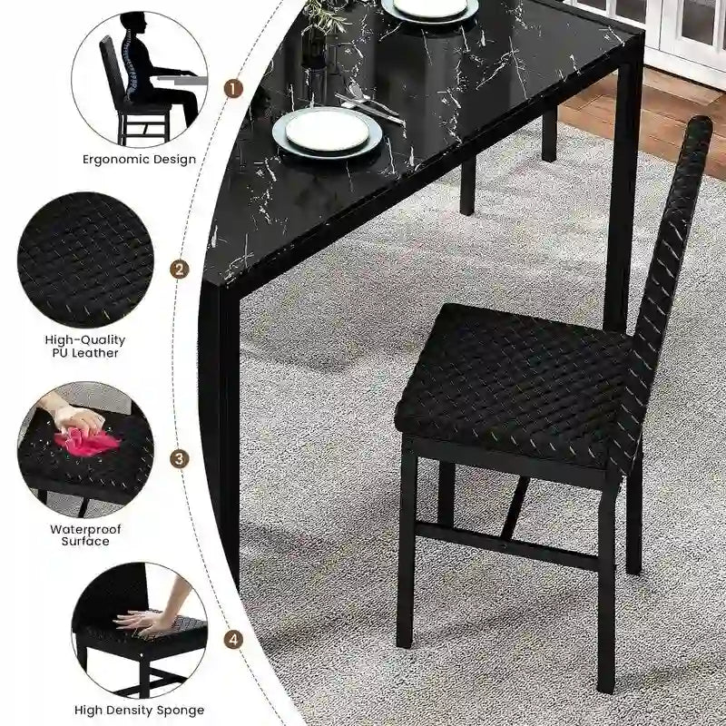 Modern Style 5-Piece Dining Room Table Set with Tempered Glass Tabletop and 4 Diamond Stitching PU Leather Dining Chairs