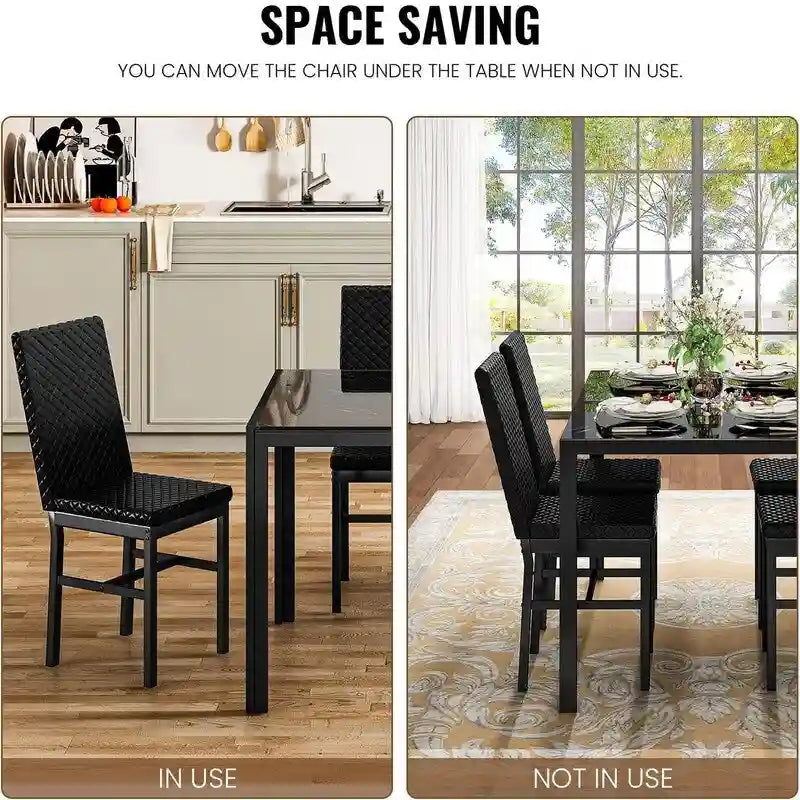 Modern Style 5-Piece Dining Room Table Set with Tempered Glass Tabletop and 4 Diamond Stitching PU Leather Dining Chairs