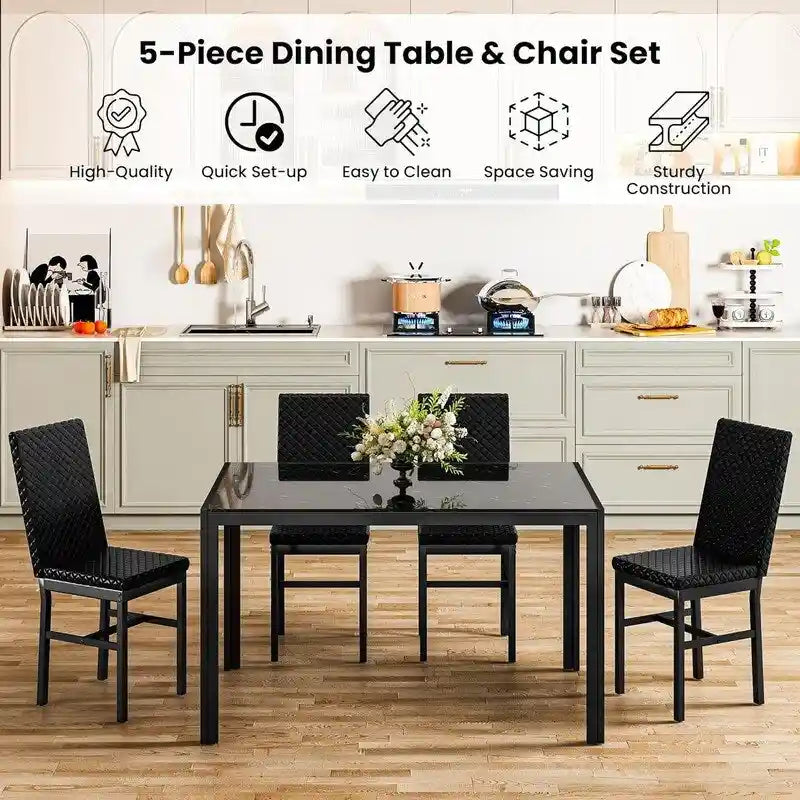 Modern Style 5-Piece Dining Room Table Set with Tempered Glass Tabletop and 4 Diamond Stitching PU Leather Dining Chairs