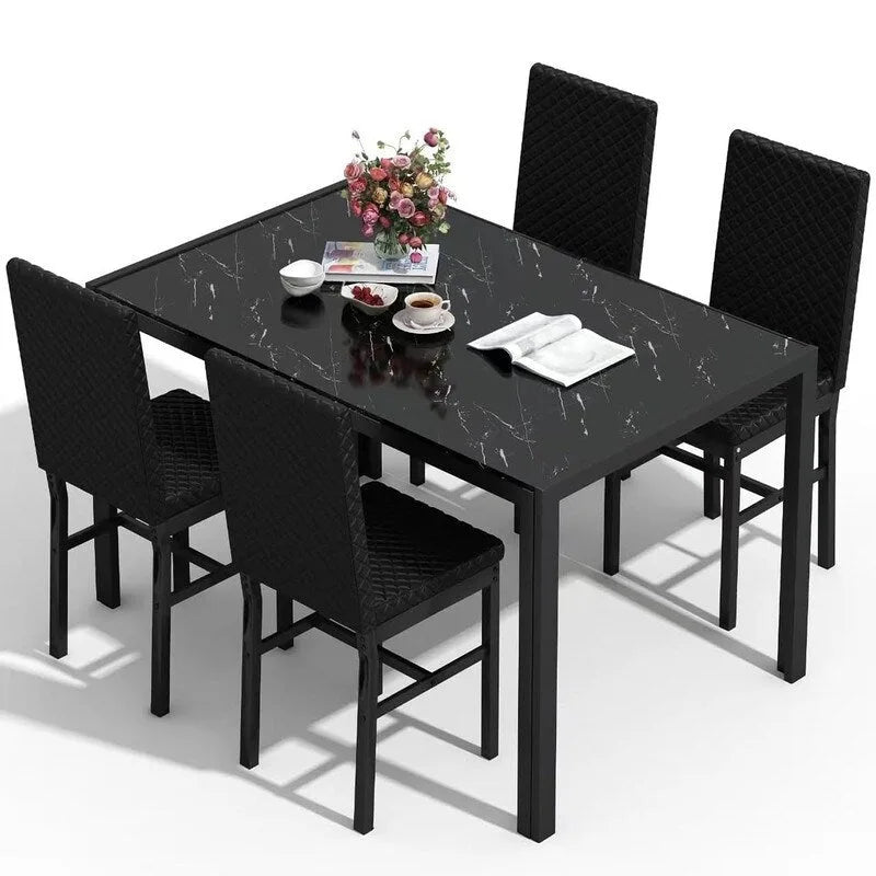 Modern Style 5-Piece Dining Room Table Set with Tempered Glass Tabletop and 4 Diamond Stitching PU Leather Dining Chairs