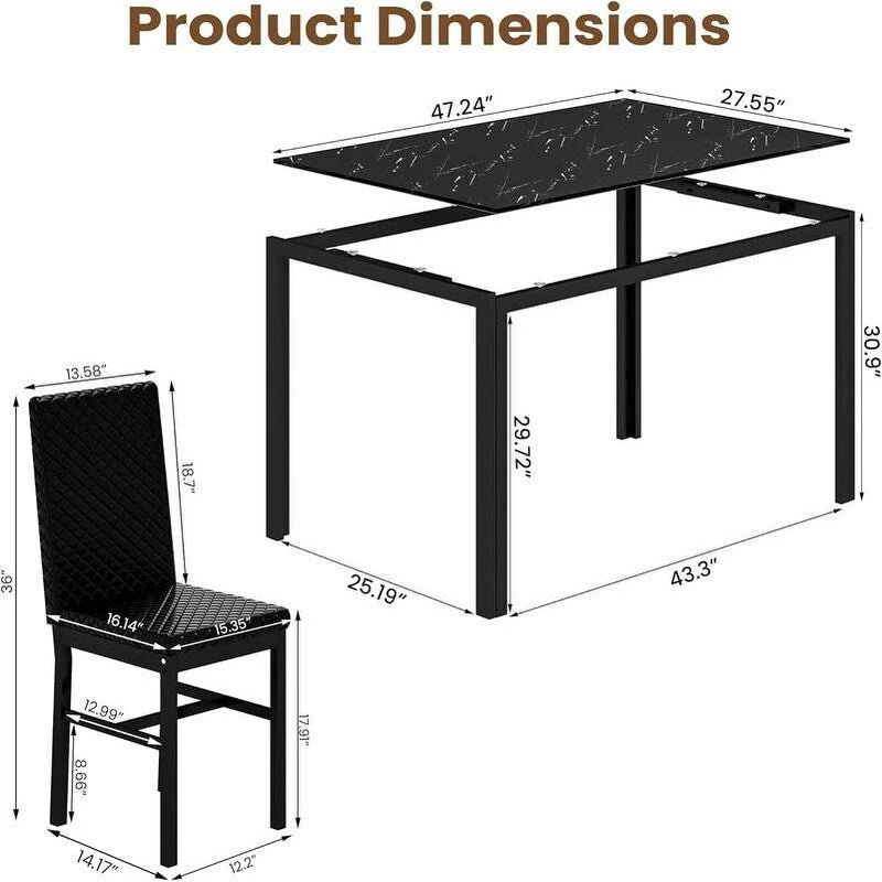 Modern Style 5-Piece Dining Room Table Set with Tempered Glass Tabletop and 4 Diamond Stitching PU Leather Dining Chairs