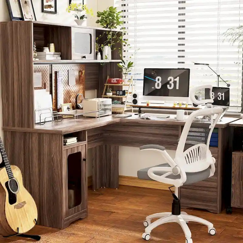 L Shaped Desk with File Cabinet and Hutch, Home Office Corner Computer Desk with Drawers and Charge Station