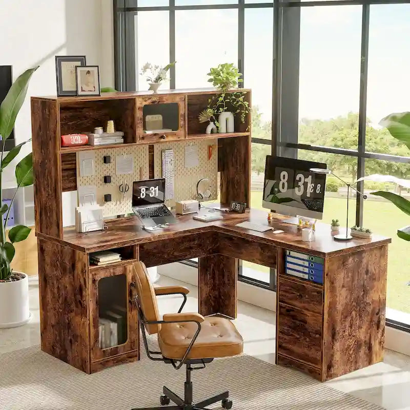 L Shaped Desk with File Cabinet and Hutch, Home Office Corner Computer Desk with Drawers and Charge Station