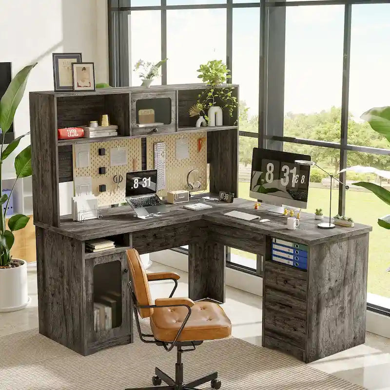 L Shaped Desk with File Cabinet and Hutch, Home Office Corner Computer Desk with Drawers and Charge Station