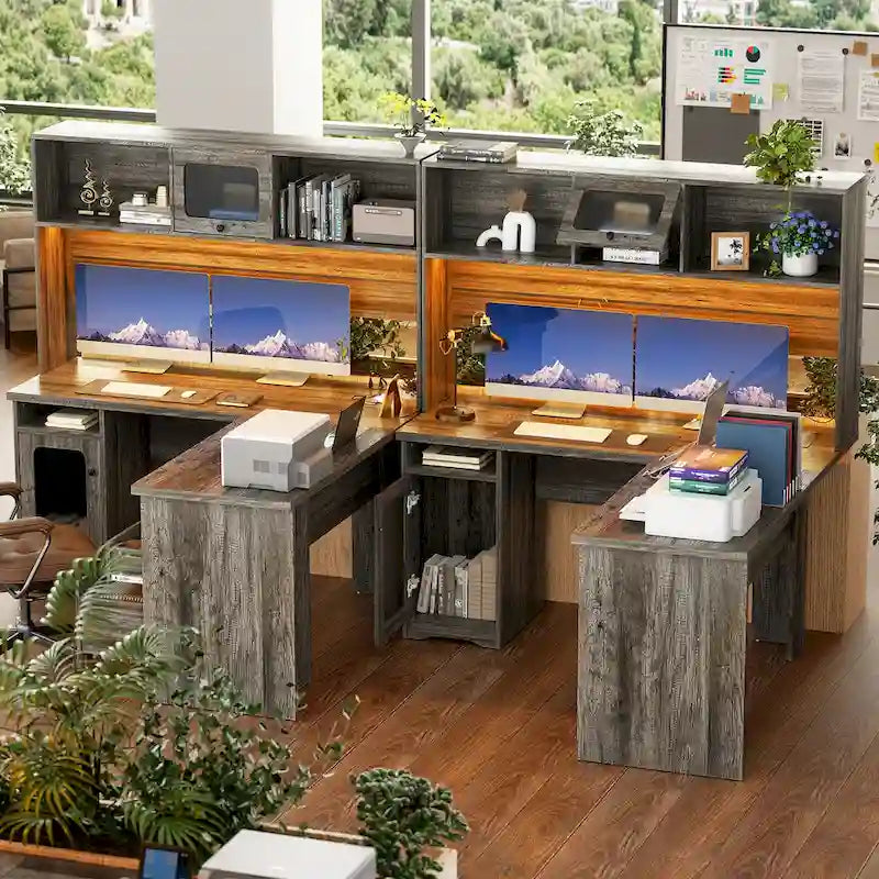 L Shaped Desk with File Cabinet and Hutch, Home Office Corner Computer Desk with Drawers and Charge Station