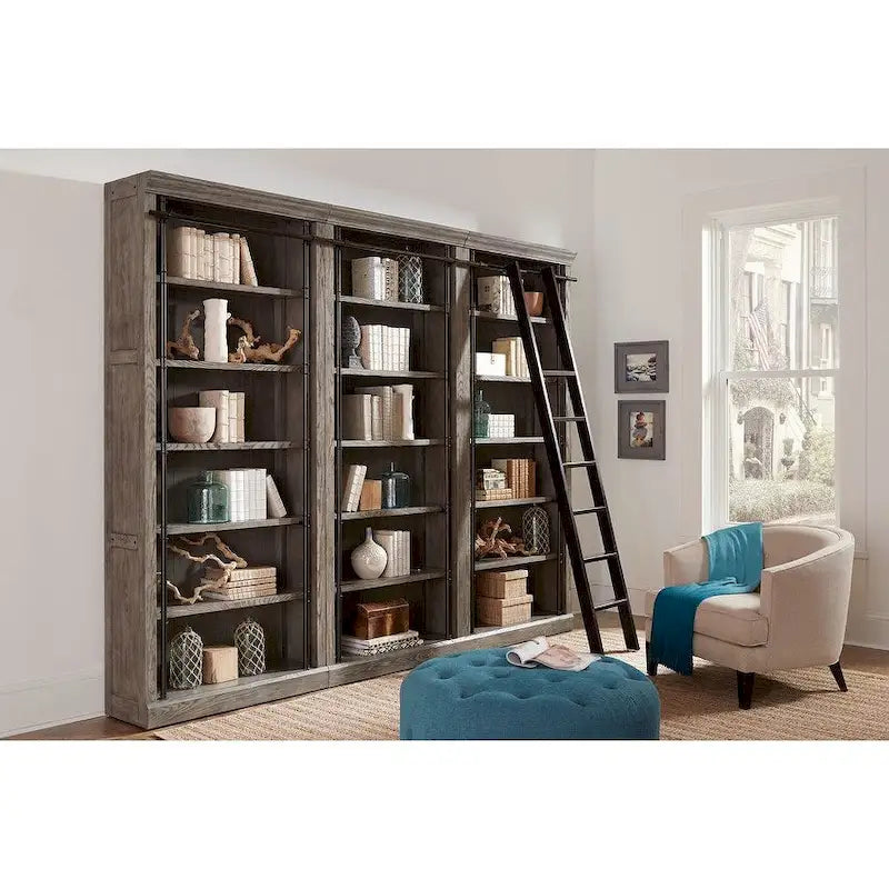 Avondale 8' Tall Bookcase Wall With Ladder, Storage Organizer, Display Shelf for Office, Brown - 120W x 94H x 15D
