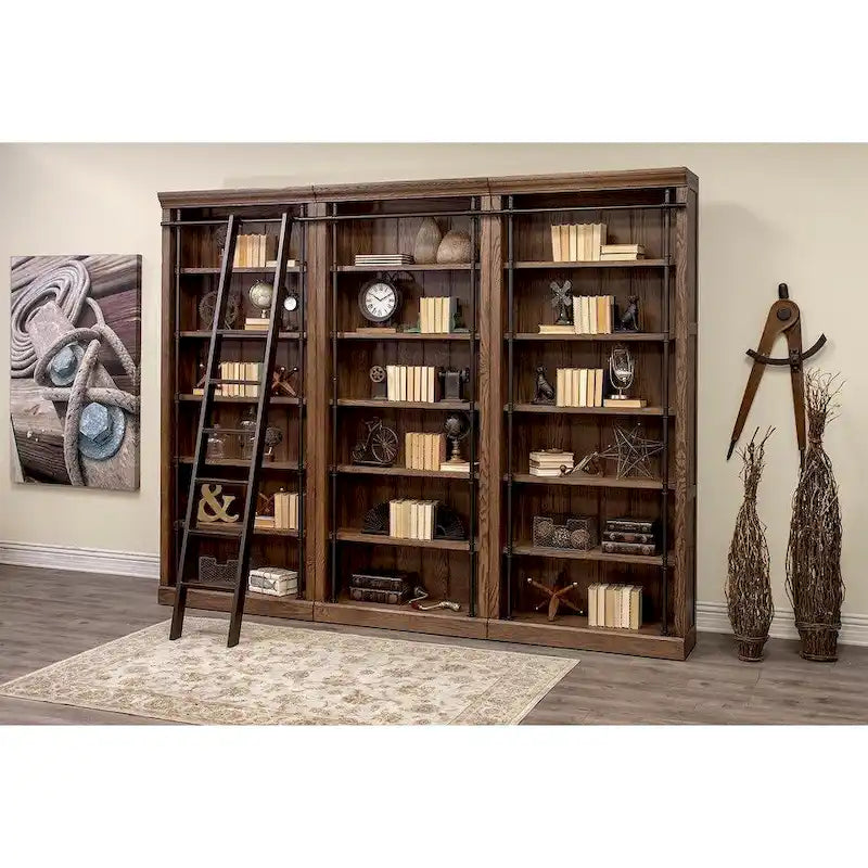 Avondale 8' Tall Bookcase Wall With Ladder, Storage Organizer, Display Shelf for Office, Brown - 120W x 94H x 15D