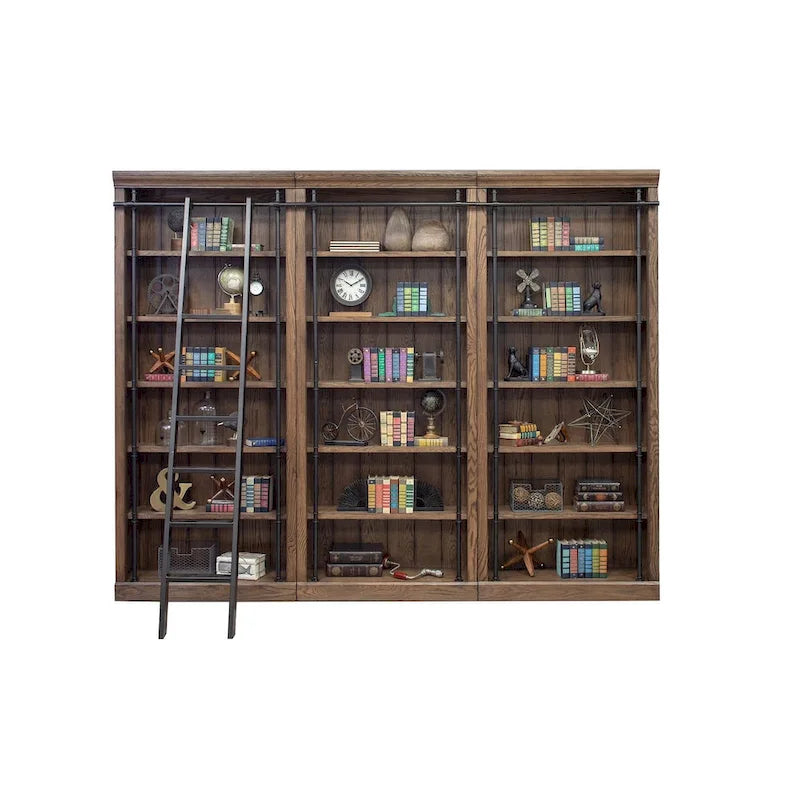 Avondale 8' Tall Bookcase Wall With Ladder, Storage Organizer, Display Shelf for Office, Brown - 120W x 94H x 15D