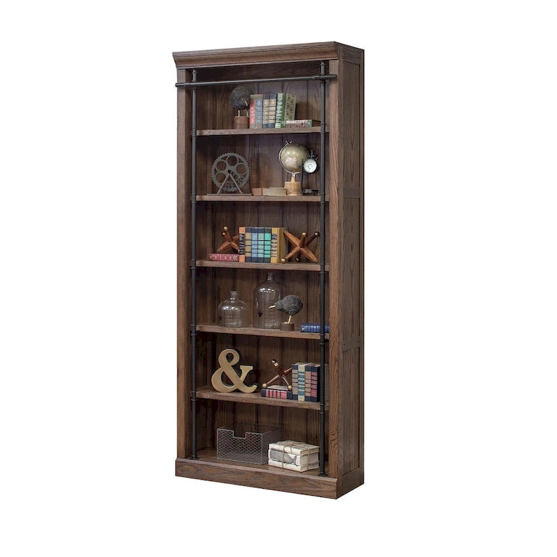 Avondale 8' Tall Bookcase Wall With Ladder, Storage Organizer, Display Shelf for Office, Brown - 120W x 94H x 15D