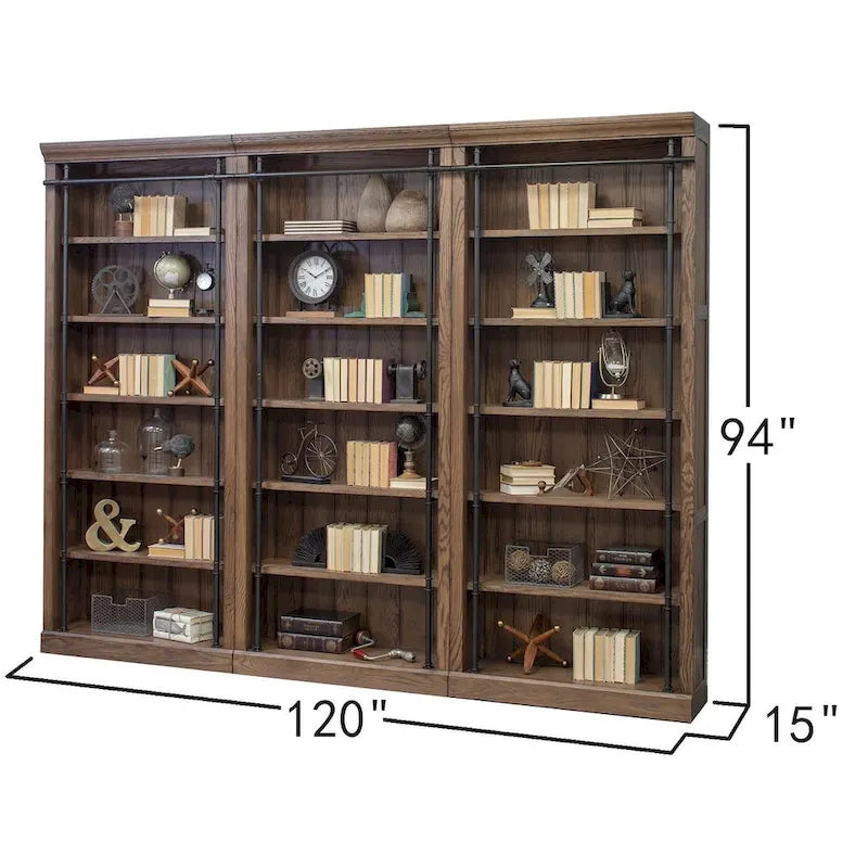 Avondale 8' Tall Bookcase Wall With Ladder, Storage Organizer, Display Shelf for Office, Brown - 120W x 94H x 15D